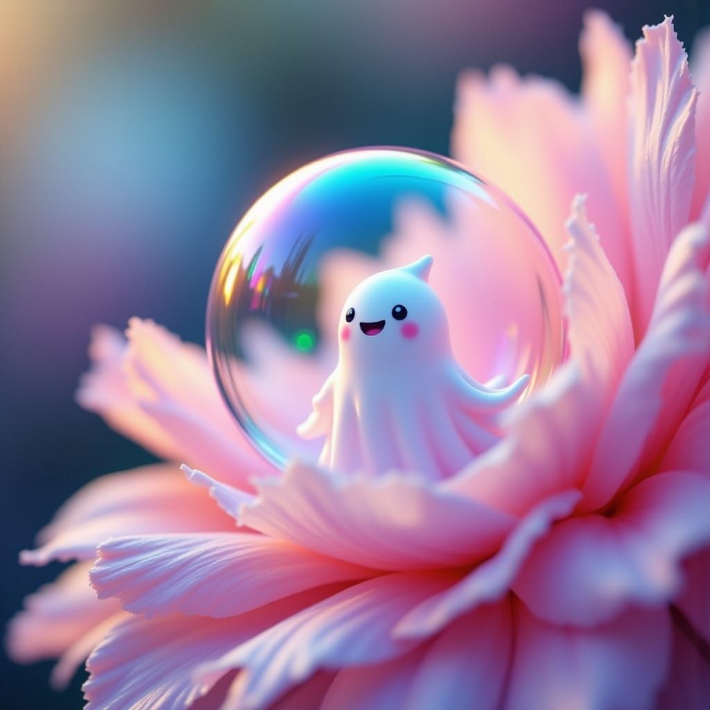 Ghost in a Bubble on Flower Petal, Pastel Oil