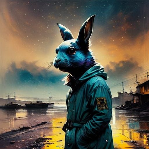 Steampunk Bunny Under Cosmic Sky on Beach