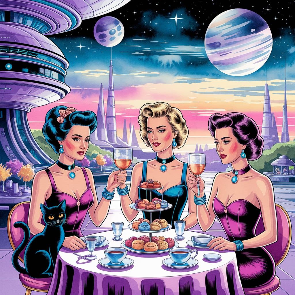 Retrofuturistic Tea Party with Black Cat in Watercolor