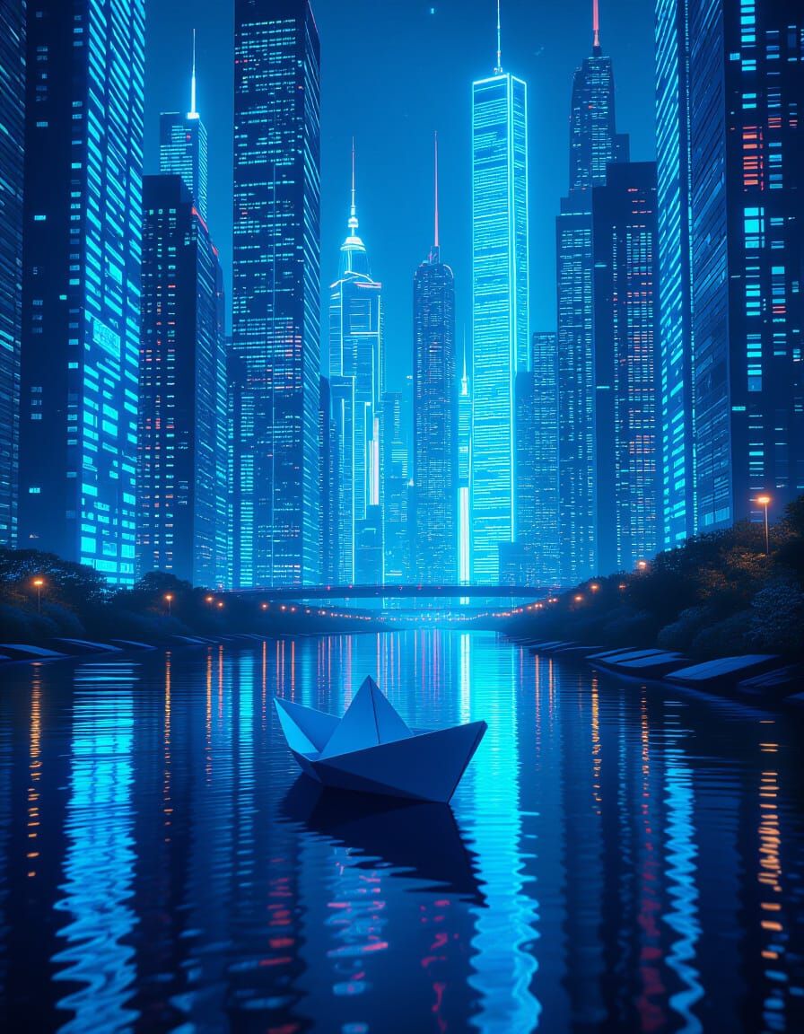 Paper Boat on Digital River in Cyberpunk City