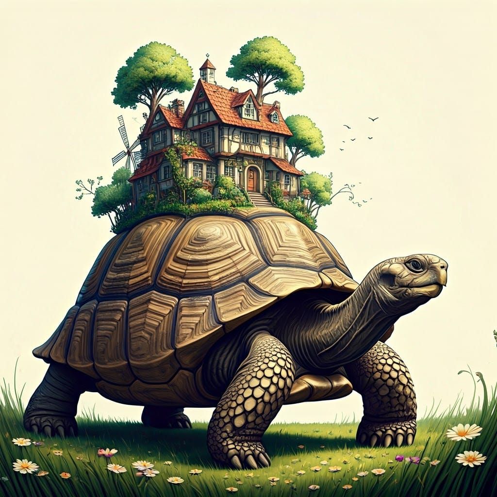 Giant Tortoise Carries Village in Whimsical Illustration