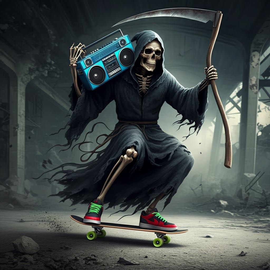 Grim Reaper Skates Through Wasteland in Hyperrealism Style