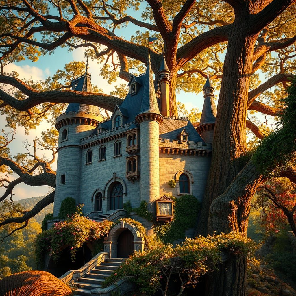 Medieval Castle Treehouse in Vibrant Steampunk Style