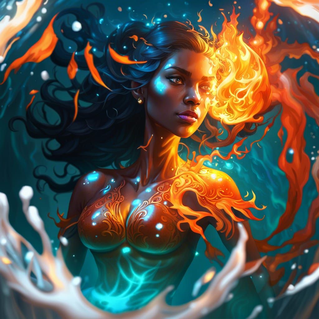 Water Elemental Surrounded by Fire, Art Nouveau