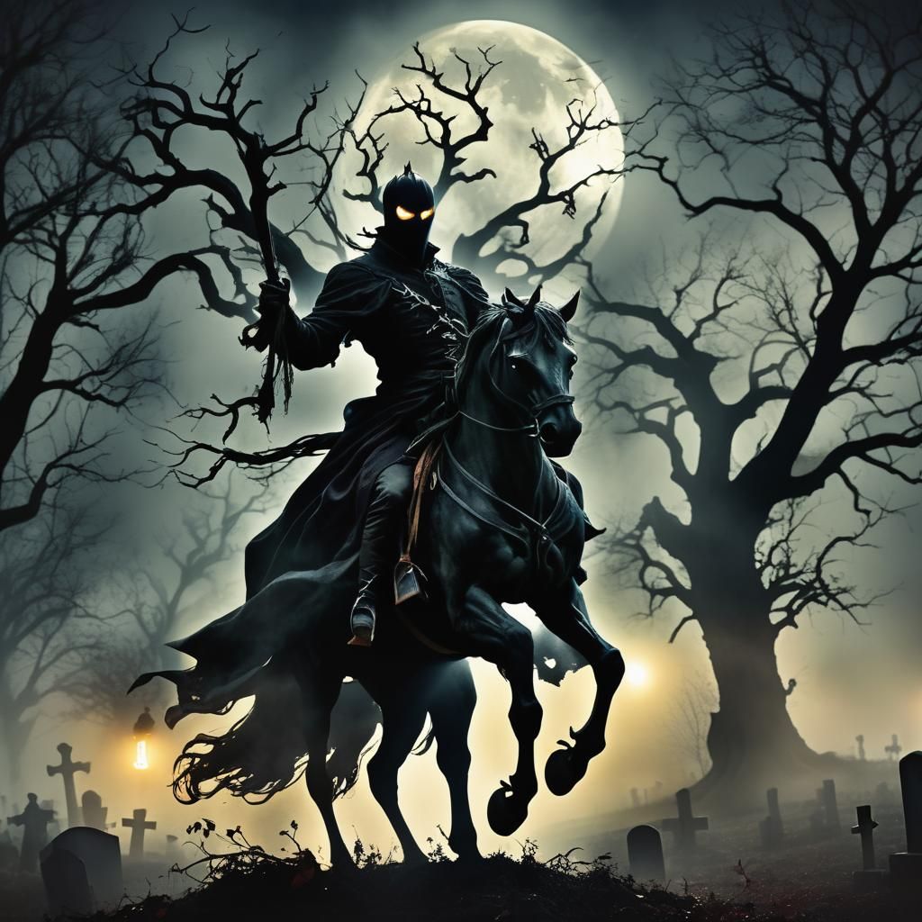 Headless Horseman in Cemetery, Dark Fantasy Art