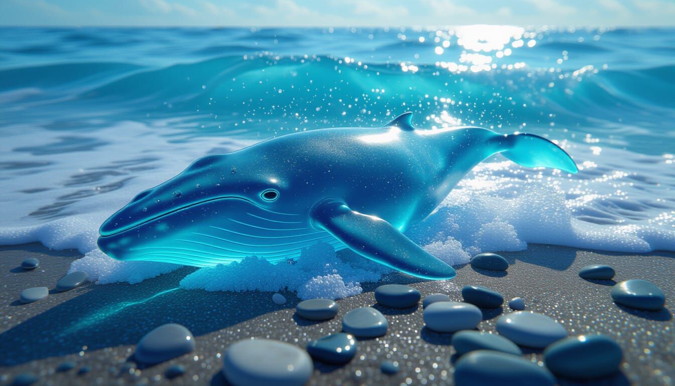 Giant Blue Glass Whale Splashing in Ocean Waves