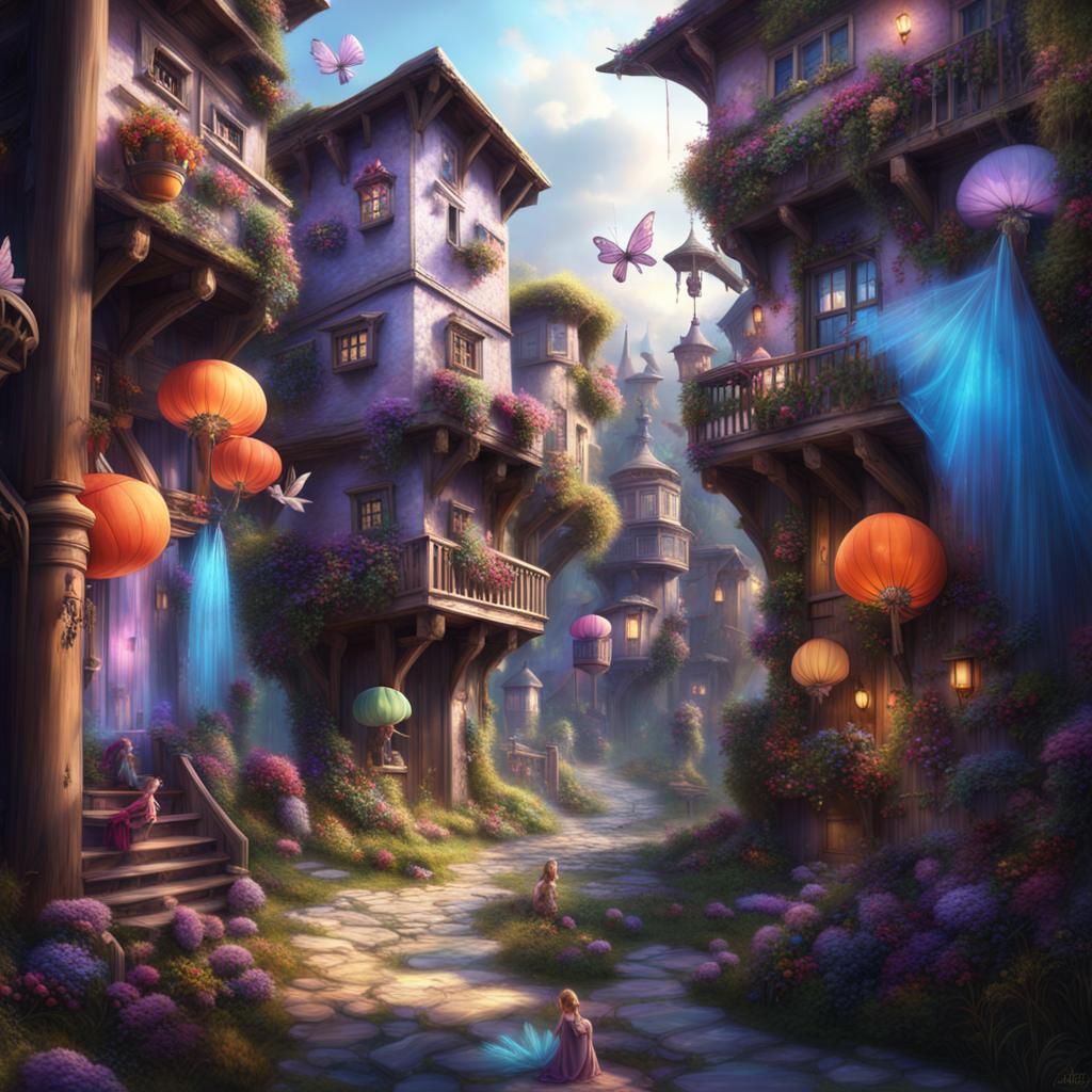 Colorful Fairy Town with Flying Fairies