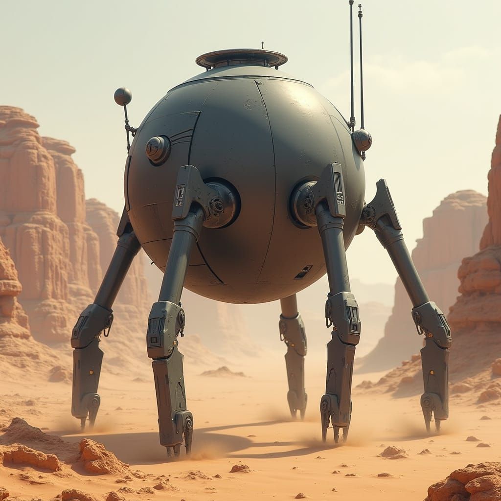 Armored Robot Floats Over Sandy Canyon, Hyperrealistic Style