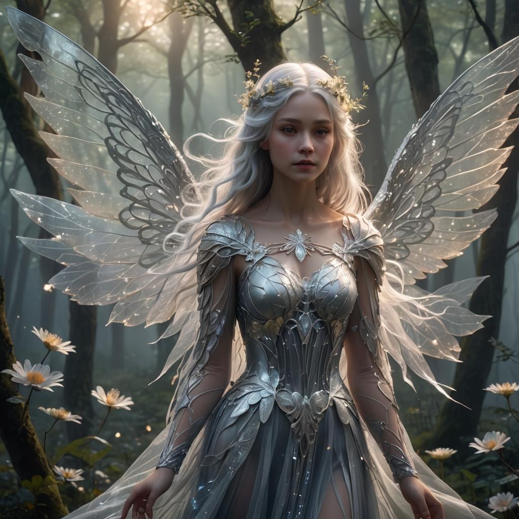 Ethereal Woman with Wings in Misty Forest
