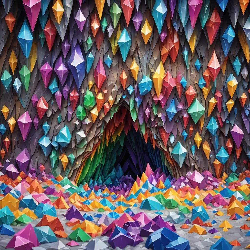 Rainbow Crystal Cave in Origami Papercraft Style