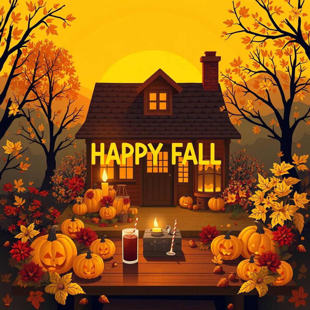 Cozy Autumn Cottage Scene with Bauhaus Text