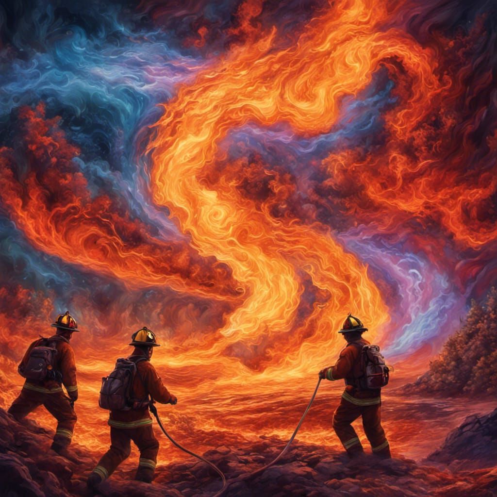 Firefighters Fight Wildfire Tornado in Cosmic Illustration