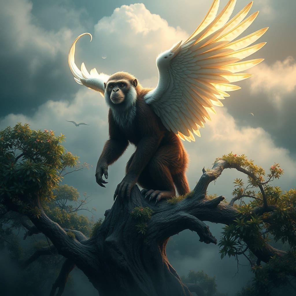 Majestic Monkey-Eagle Hybrid Reigns Over Ancient Tree
