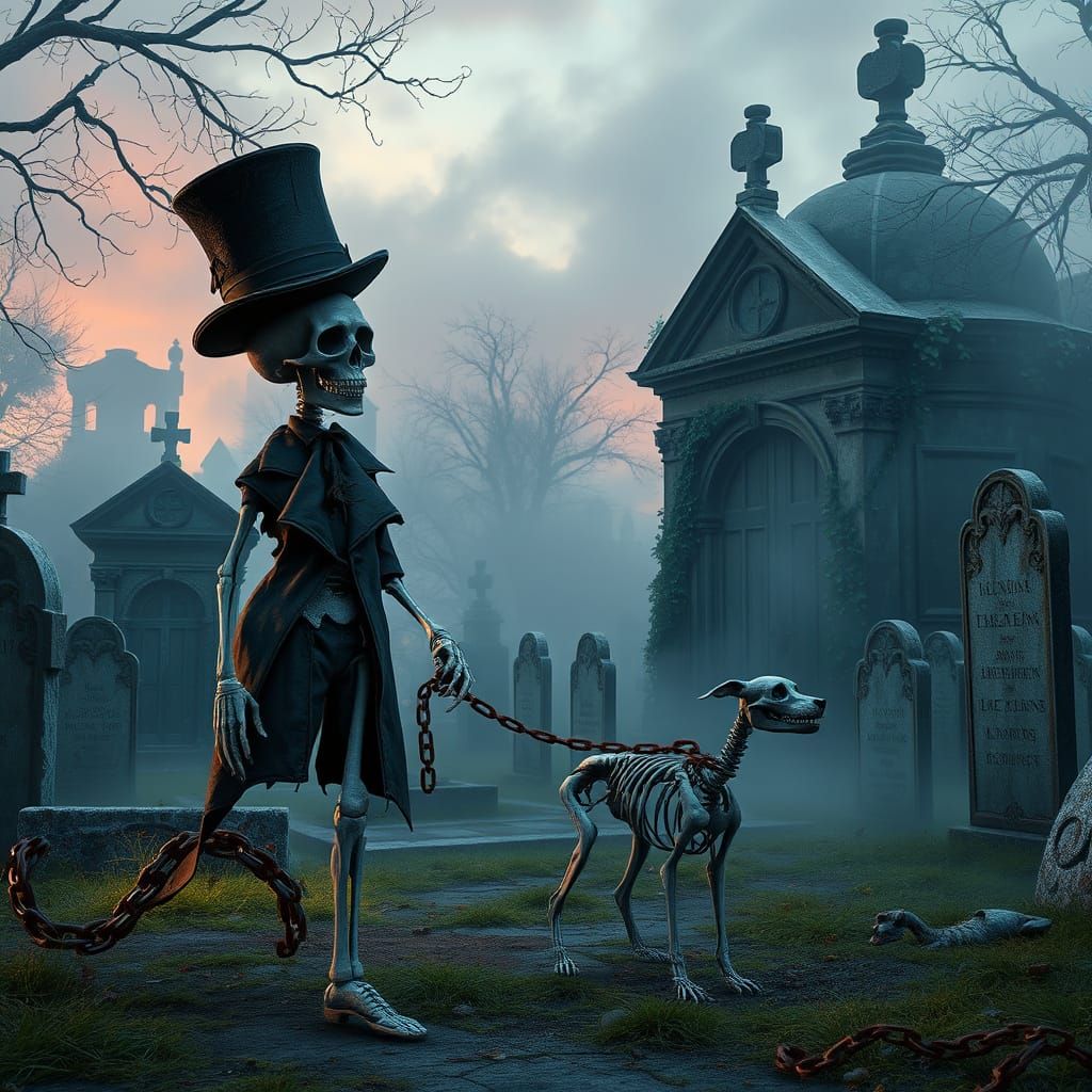 Whimsical Skeleton Strolls Through a Haunting Cemetery at Du...