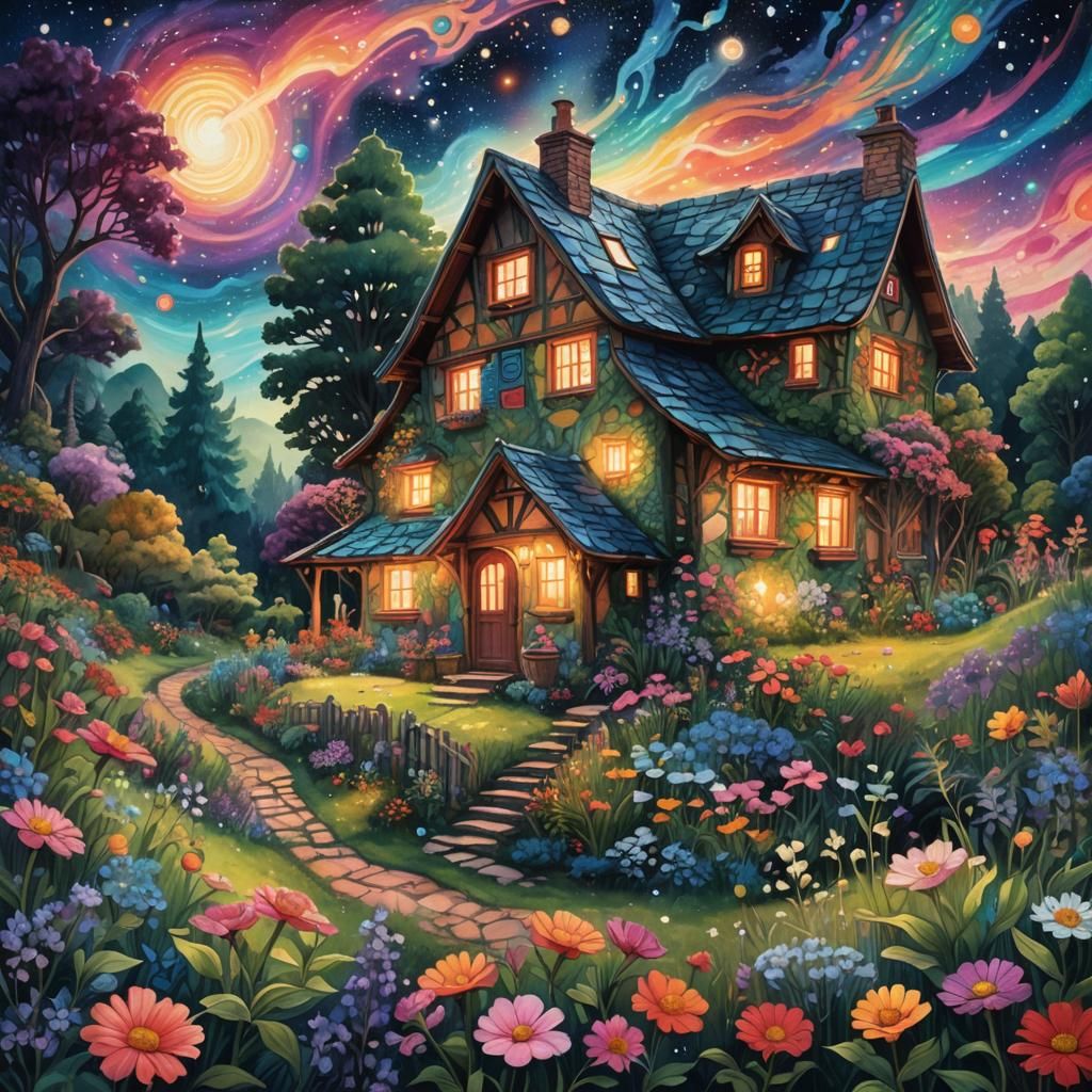 Cosmic Cottage in Astral Landscape, Mixed Media