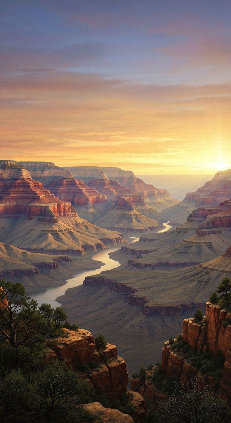 Grand Canyon Sunset Glow with Whimsical Dark Fantasy Details