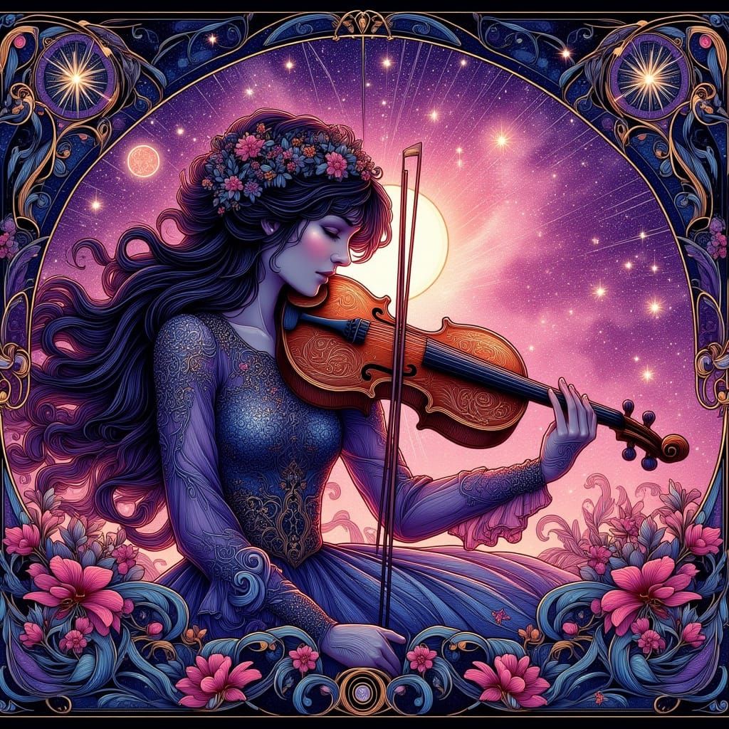 Celestial Violinist Weaving Constellations in Pink Night Sky