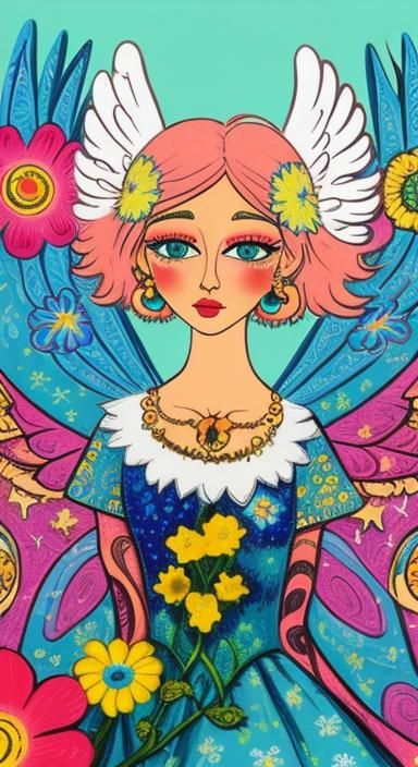 Psychedelic Mod Angel in Whimsical Pop Art Style