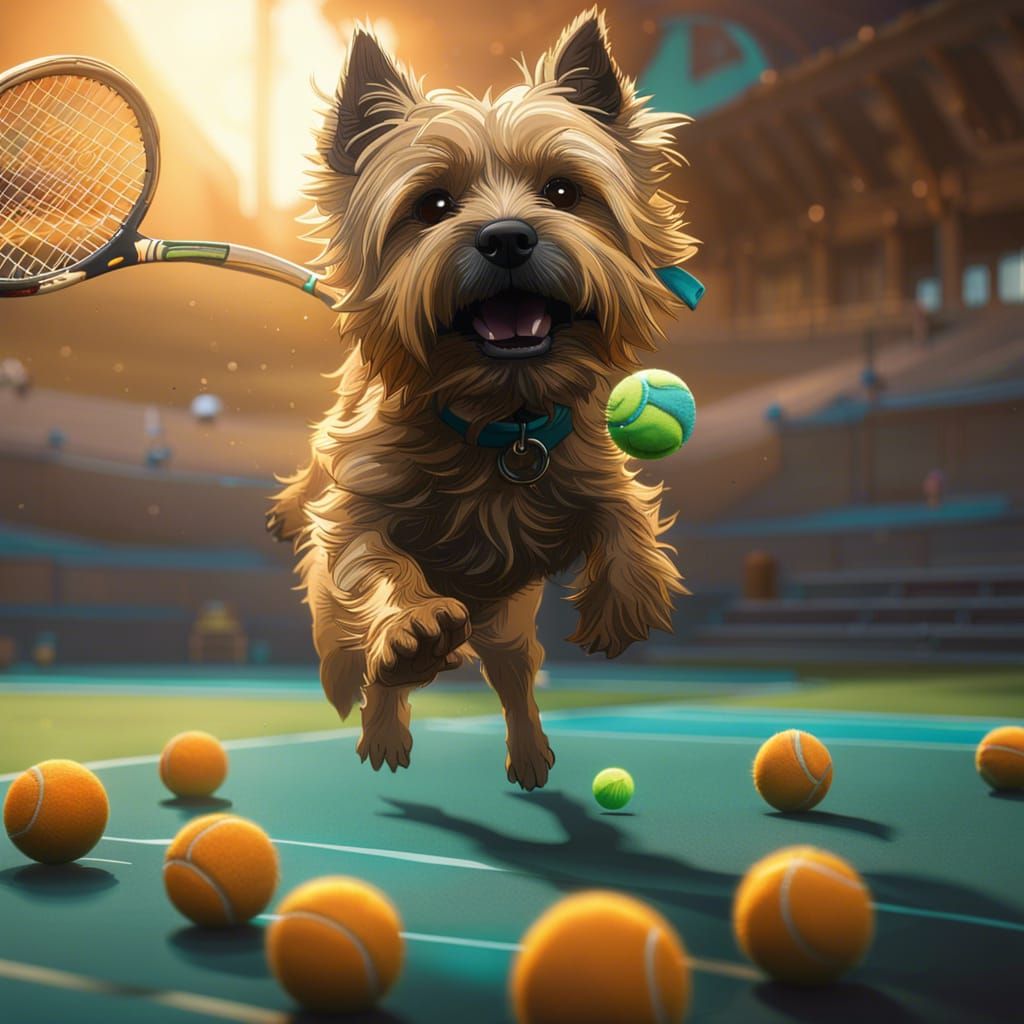 Cairn Terrier Catches Tennis Ball: Hyperdetailed Concept Art