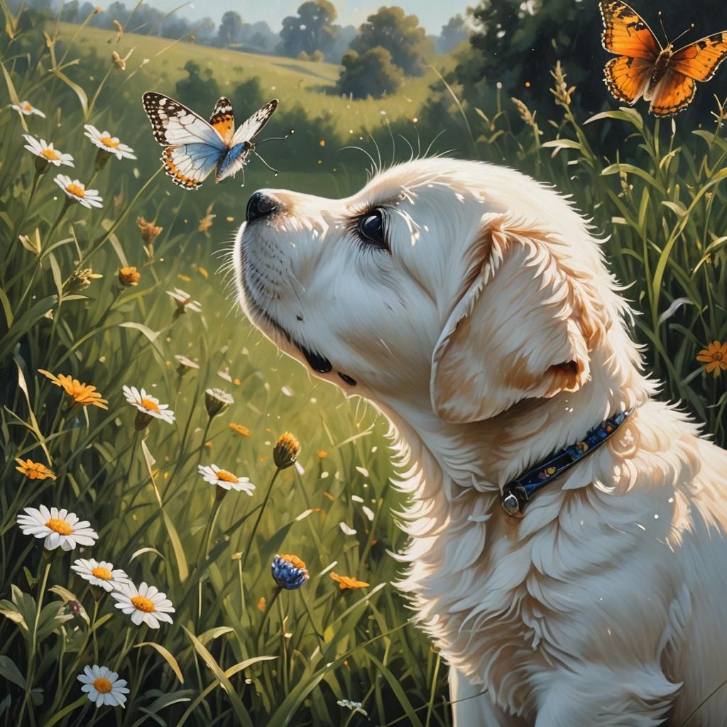 Butterfly Kisses: Puppy in a Meadow, Oil Painting