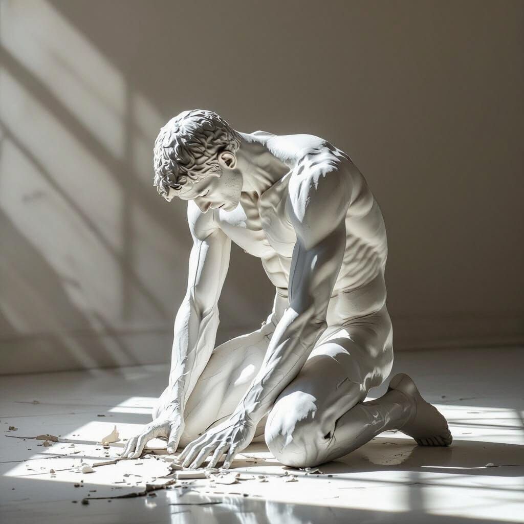 Broken Man Reassembling Statue in Chiaroscuro Lighting
