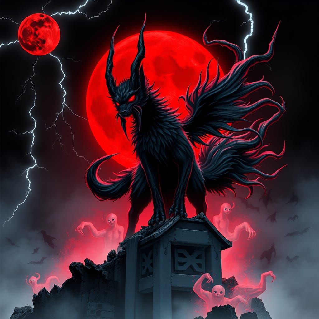 Dark Kitsune Under Crimson Moon
