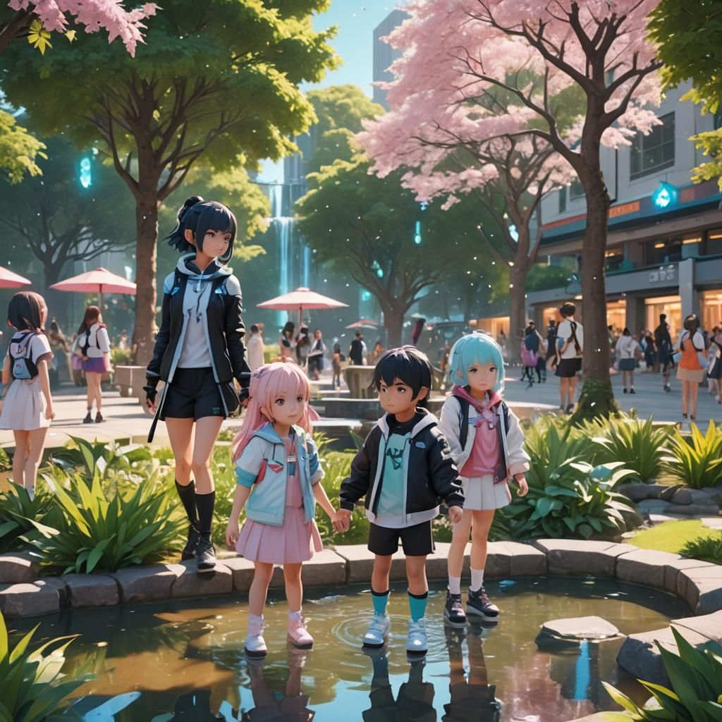 Anime Kids and Babies in Futuristic City Park