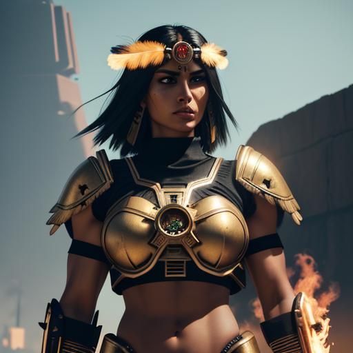 Aztec Warrior Woman with Flaming Sword in Cyberpunk Style