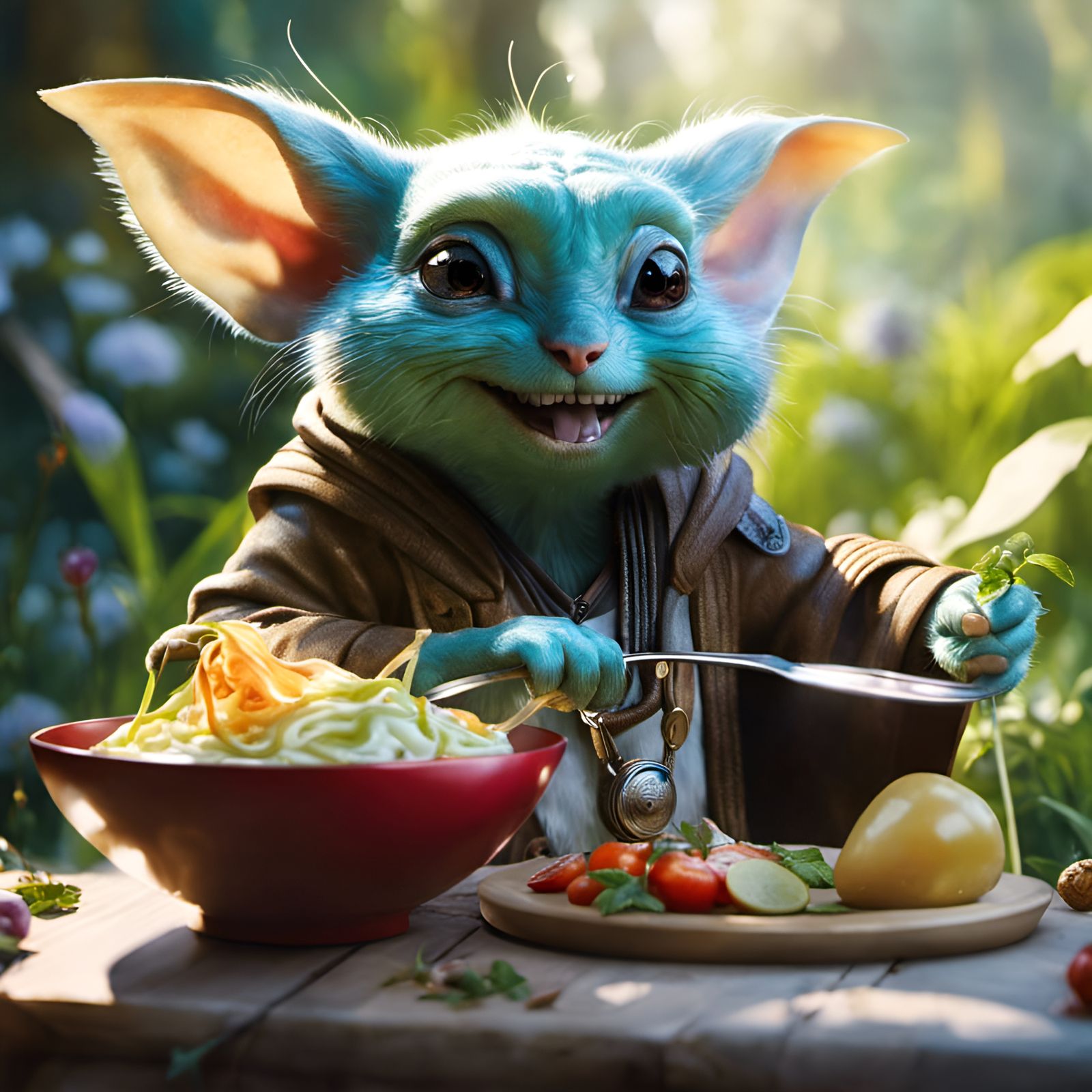 Grogu Eating Grogurt: Portrait in Mixed Art Styles