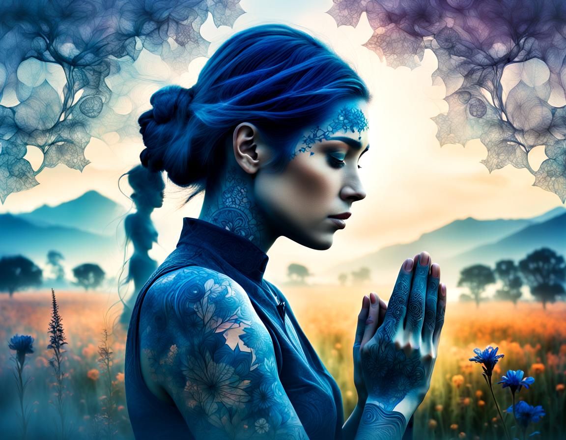 Praying Girl with Landscape Tattoo in Cinematic Style