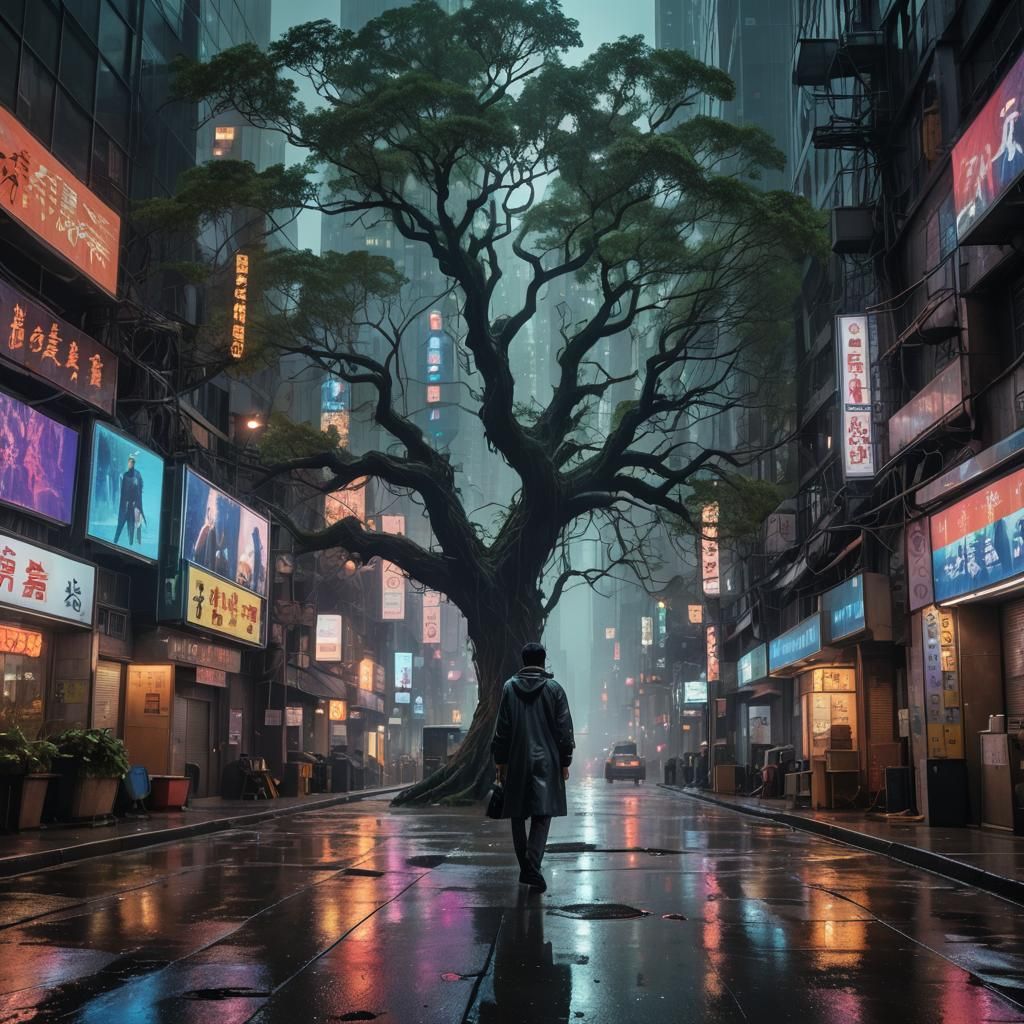 Rain-Soaked Alley: Cyberpunk Meets Nature