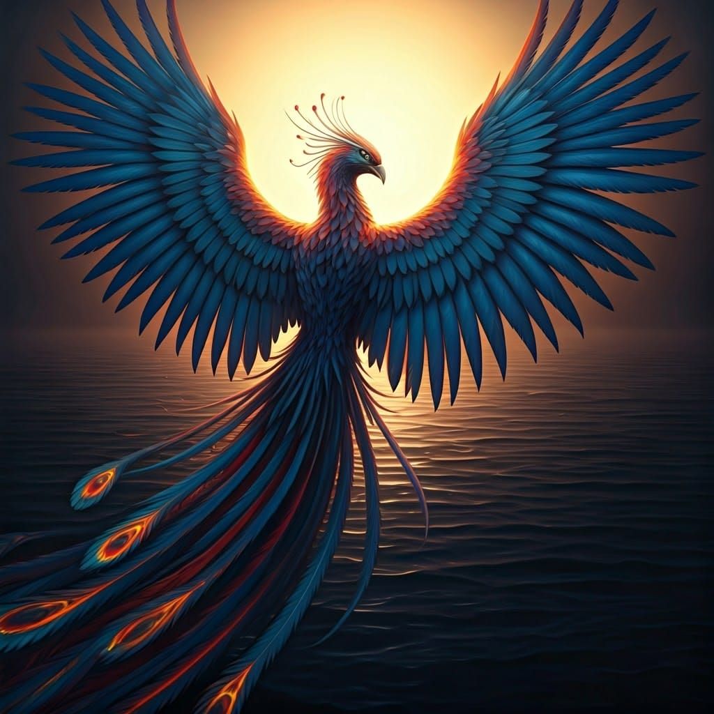 Surreal Phoenix Radiates Vibrant Plumage in Warm Sunlight