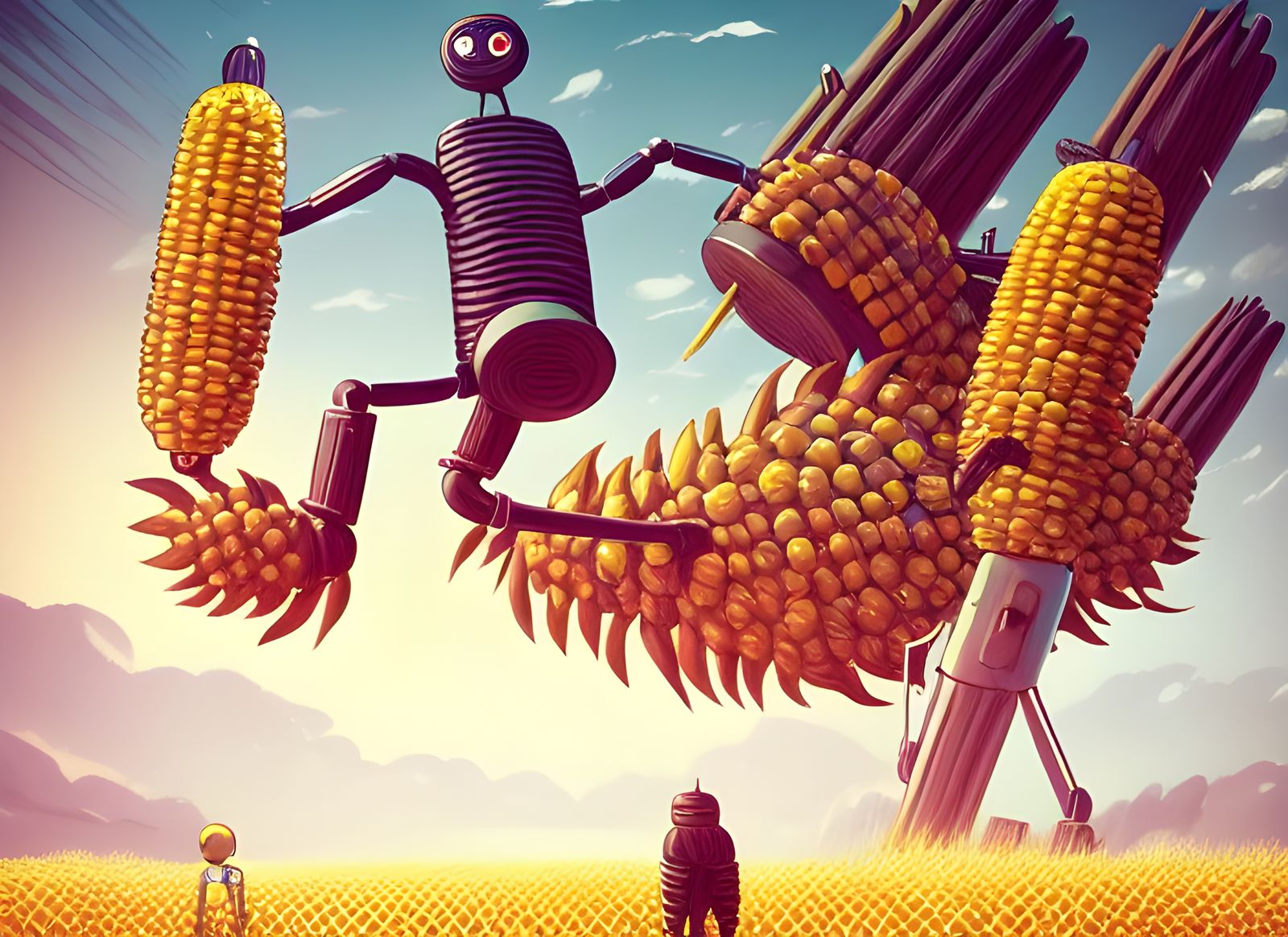 Evil Corncobs in Cyberpunk Cornfields: Digital Art