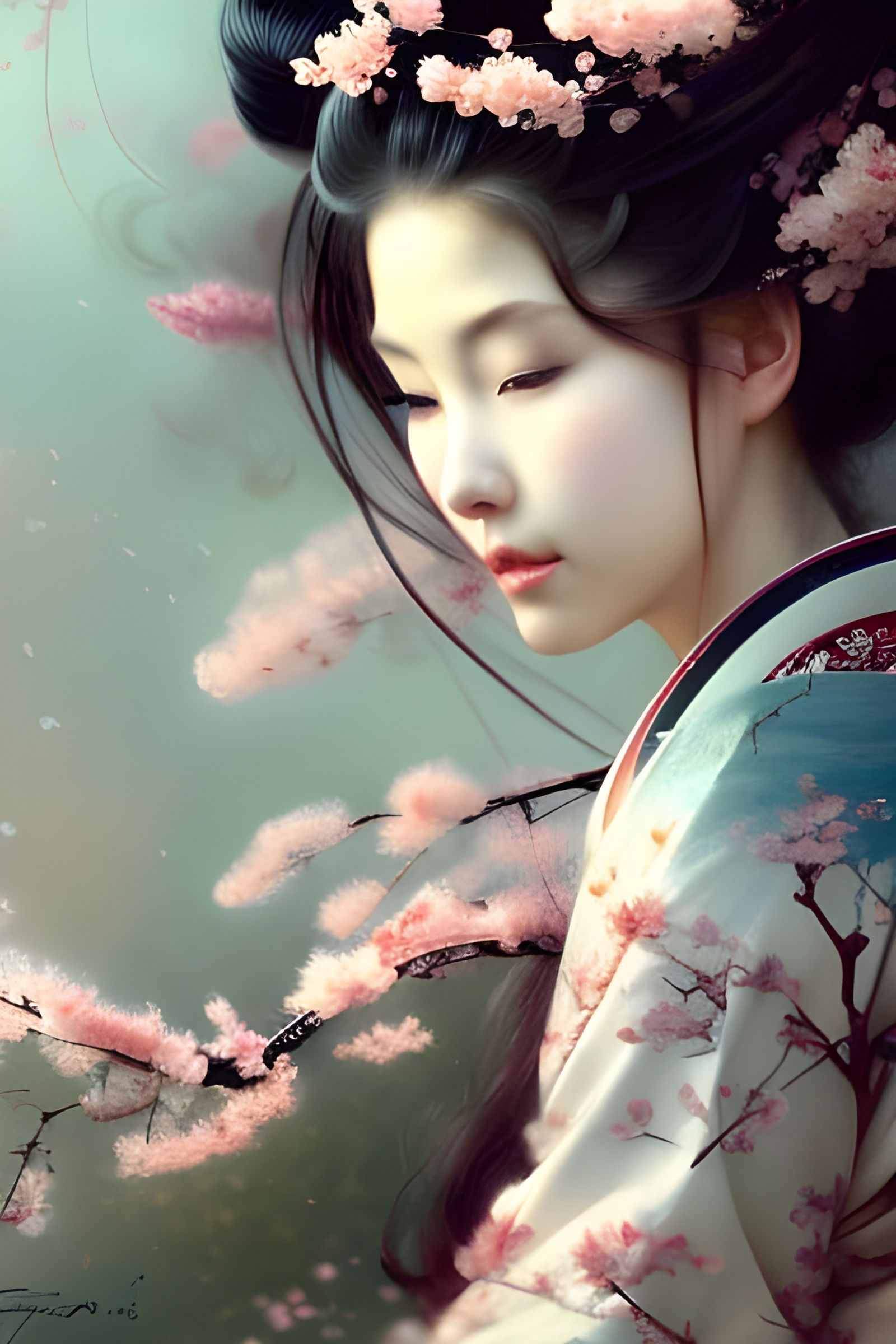Geisha with Cherry Blossoms: Detailed Digital Art