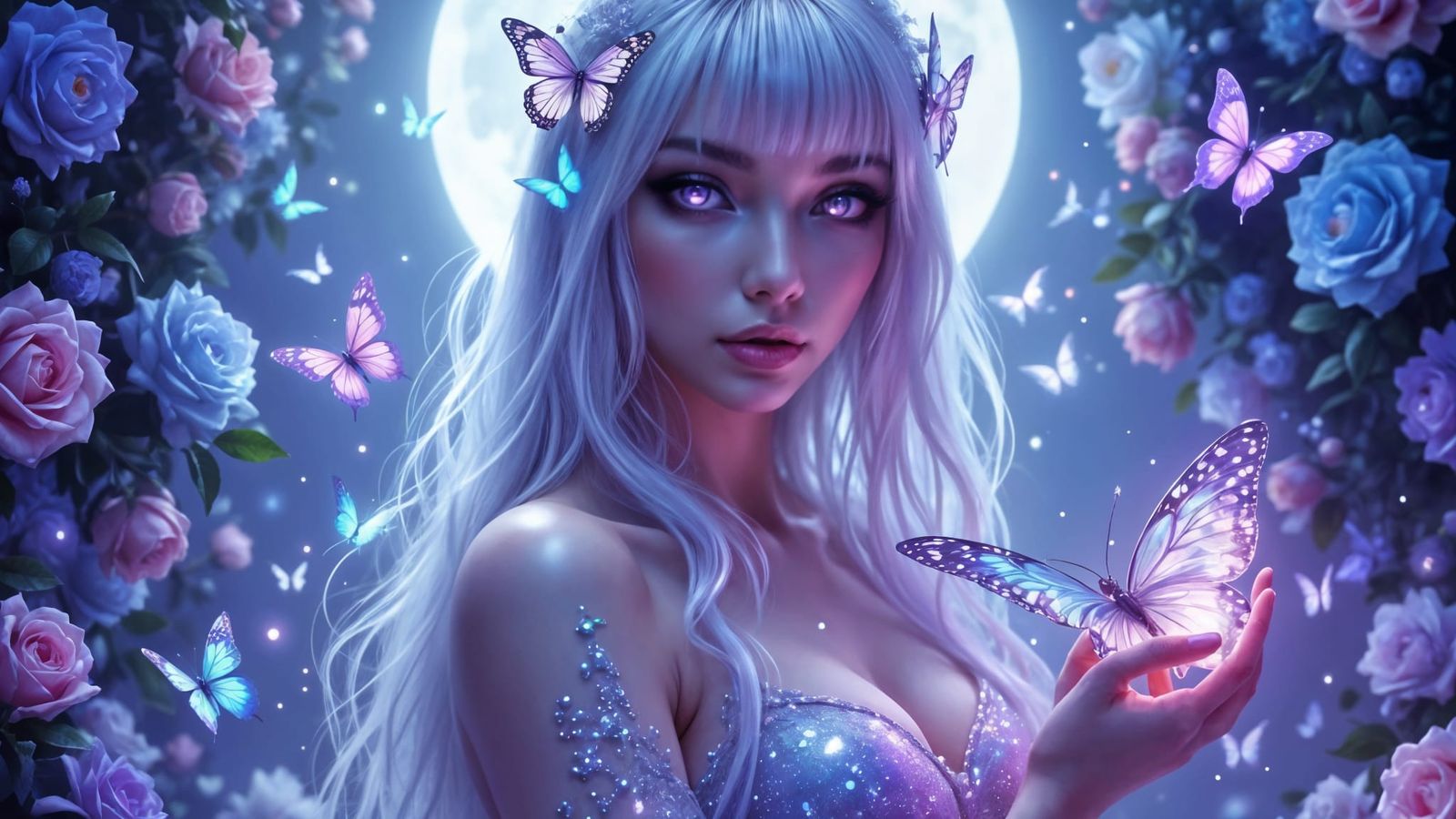 Siren with Butterflies in Moonlit Gazebo Oil Painting