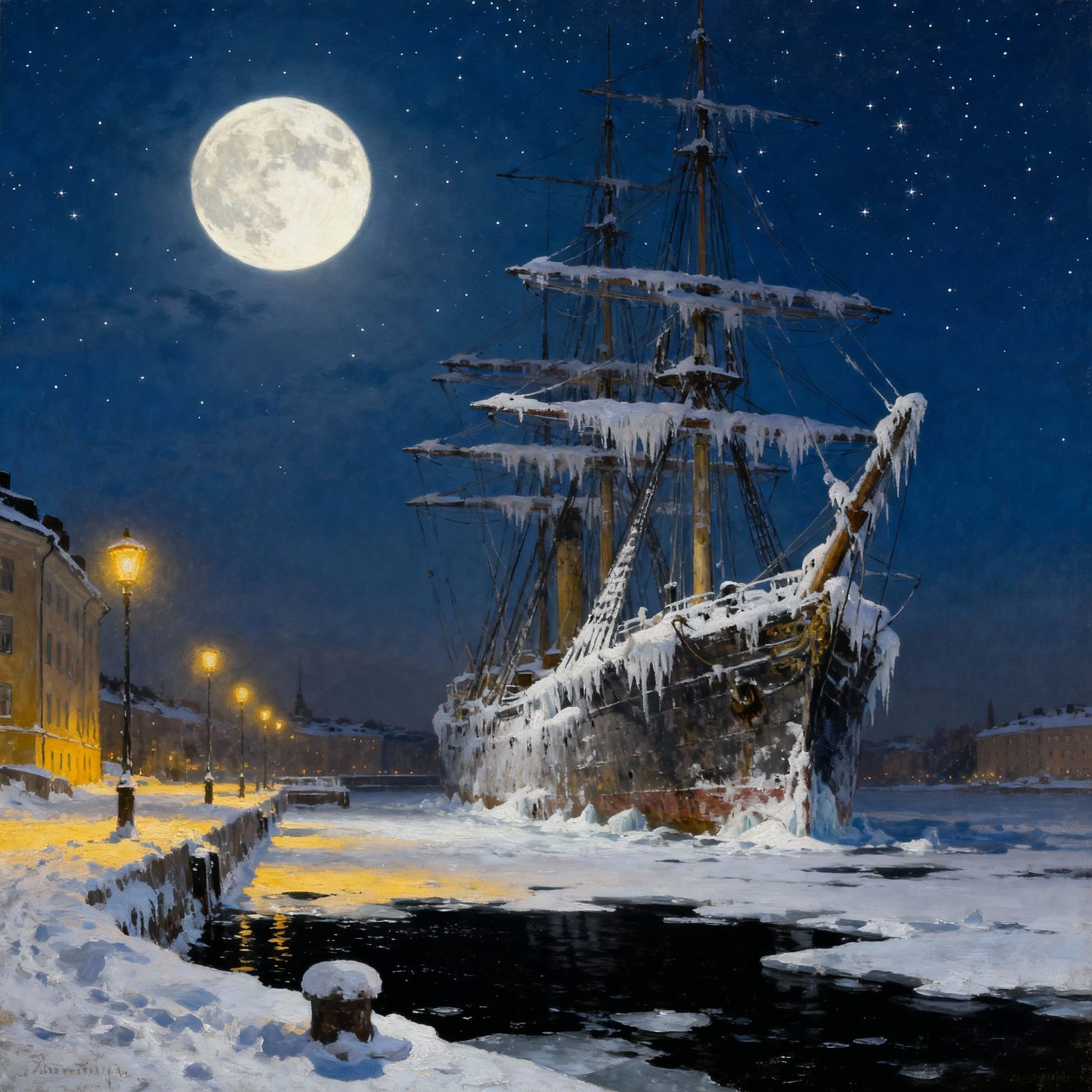 19th Century Ice-Clad Ship in Stockholm Harbor at Midnight