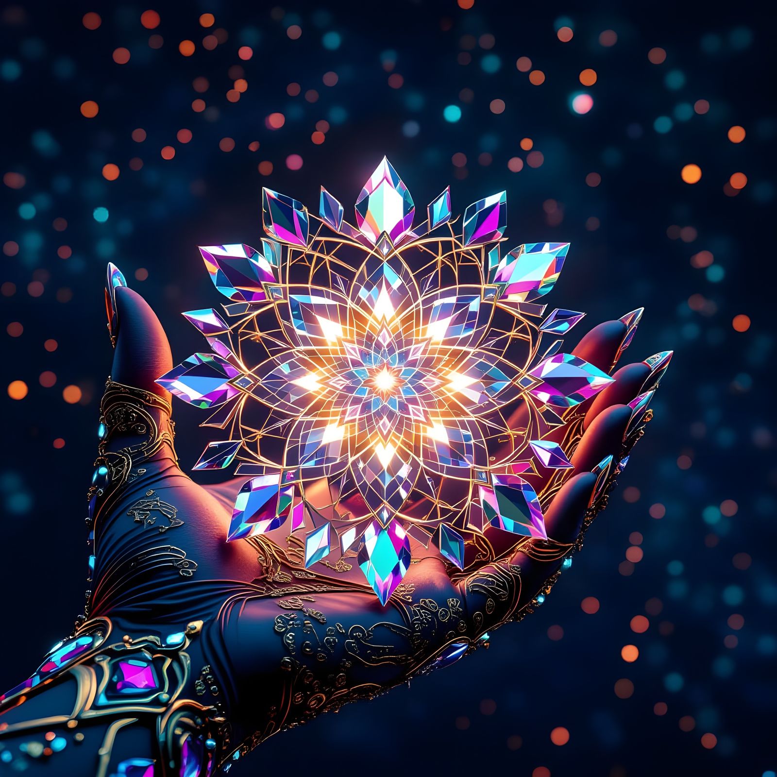 Hand Holding Luminous Kaleidoscope Mandala
