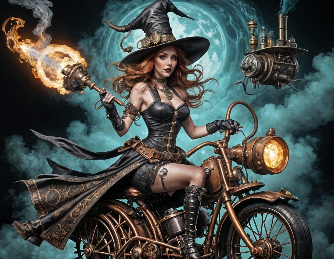 Steampunk Pin-Up Witch Rides Rusty Brush Through Black Fores...