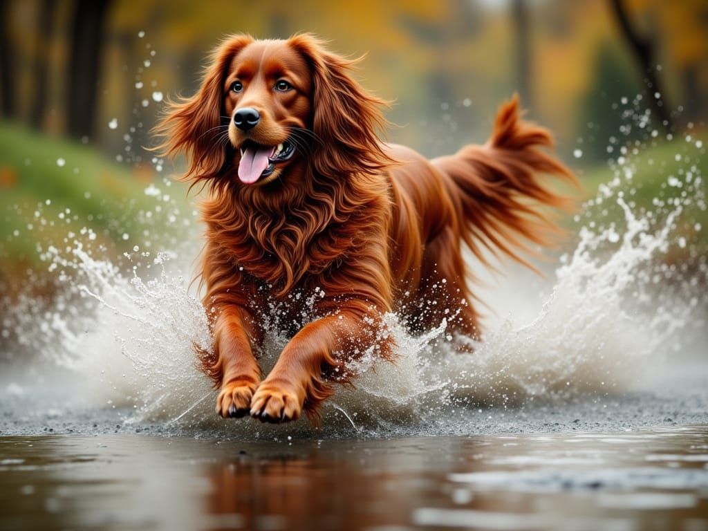 Photorealistic Irish Setter Leaping Over Puddle