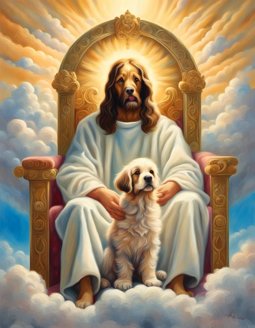 Puppy-Headed Jesus Ascends to Heaven: Surreal Oil Painting