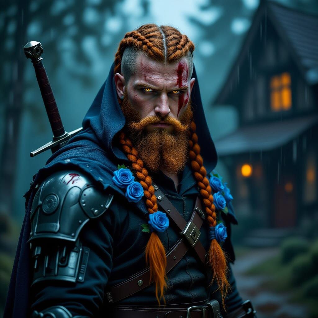 Viking Bounty Hunter in Rain-Soaked Forest