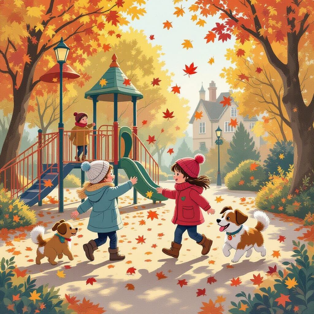 Whimsical Autumn Playground Scene with Children and Dogs