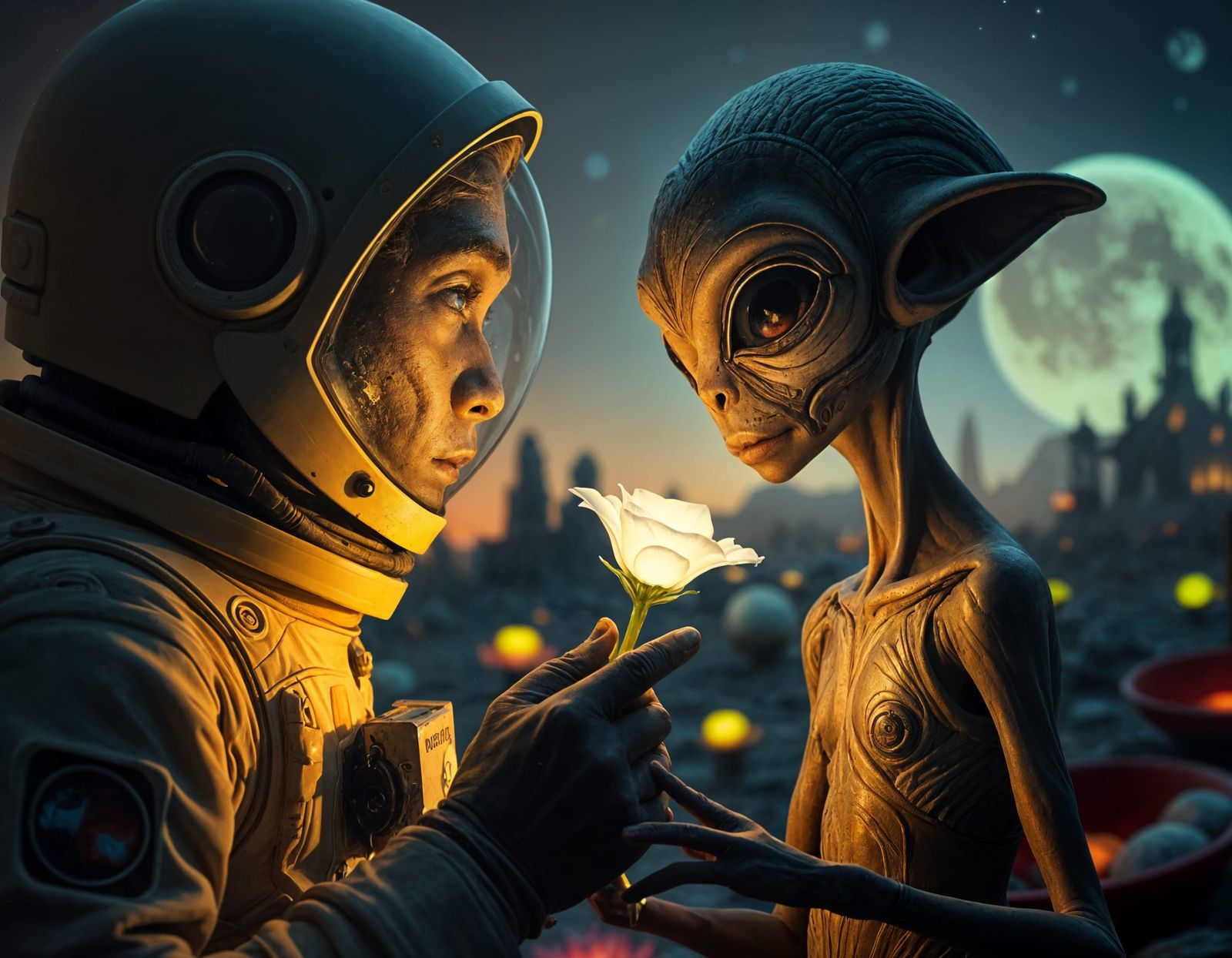 Astronaut Meets Alien in a Vibrant Space Landscape