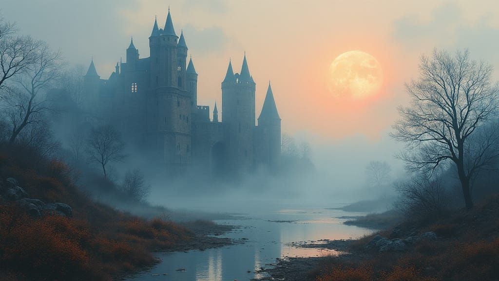 Ethereal Castle Ruins in Dreamy Mist