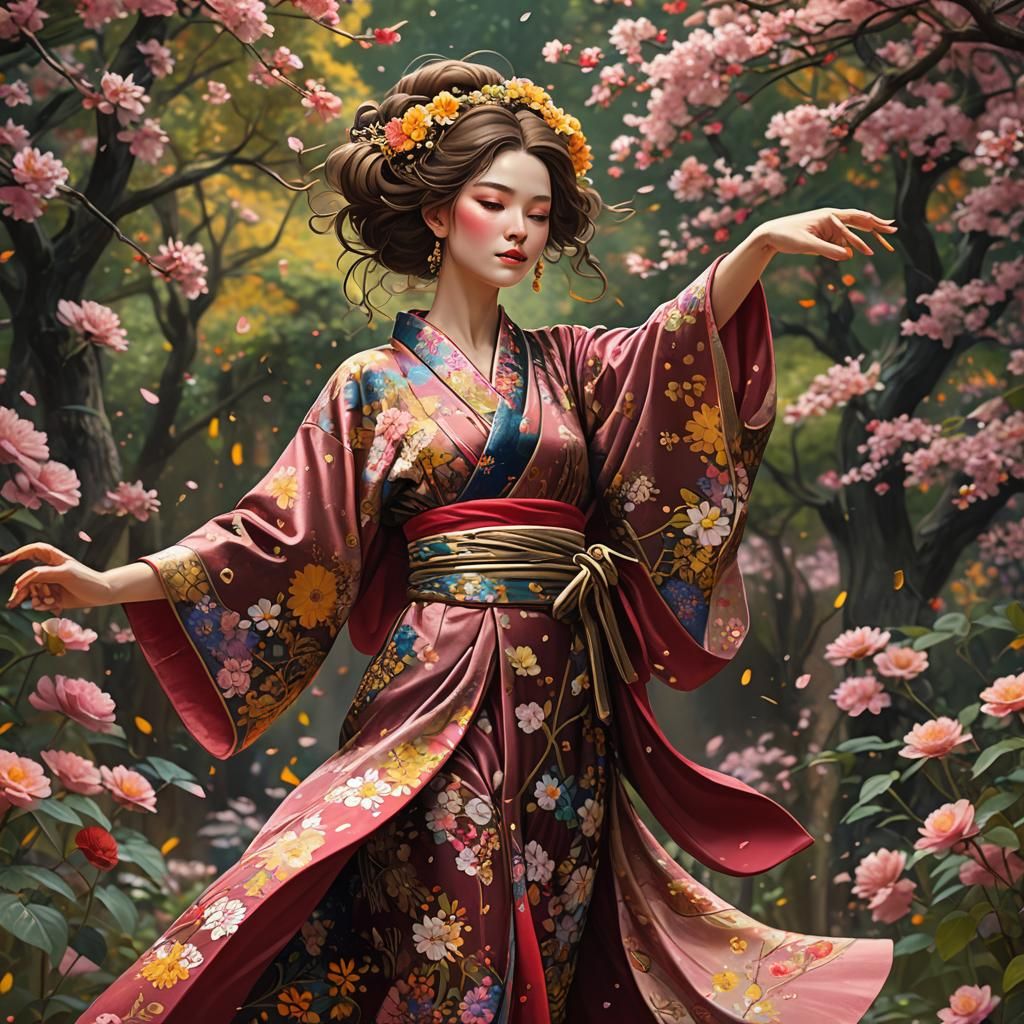 Woman in Kimono Dancing, Gustav Klimt Style