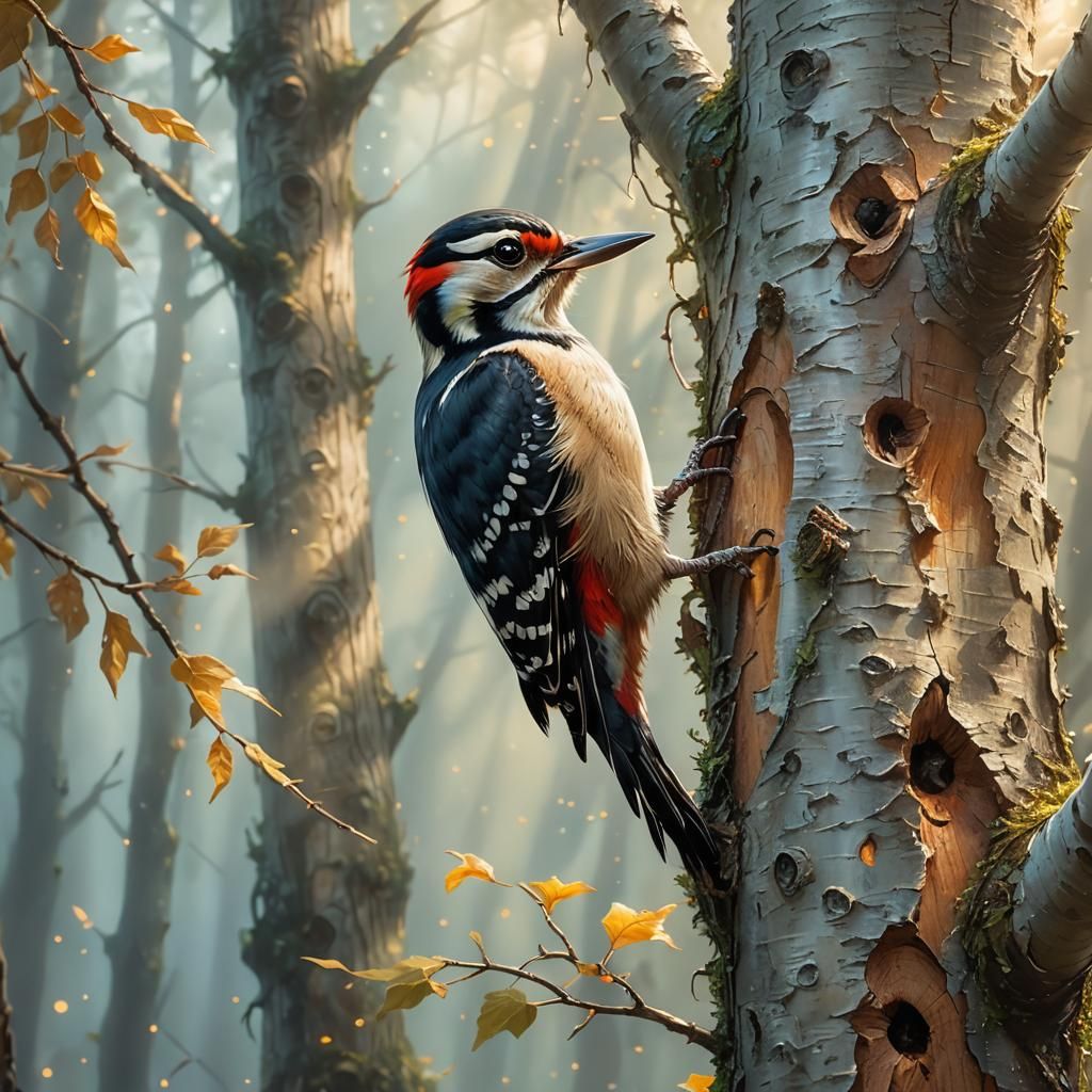 Woodpecker Pecks Birch Tree in Ethereal Forest