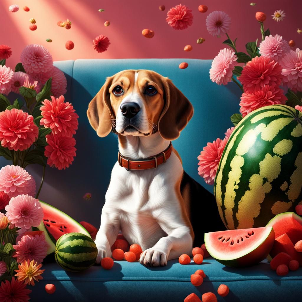 Cute Beagle Surrounded by Flowers in Splash Art
