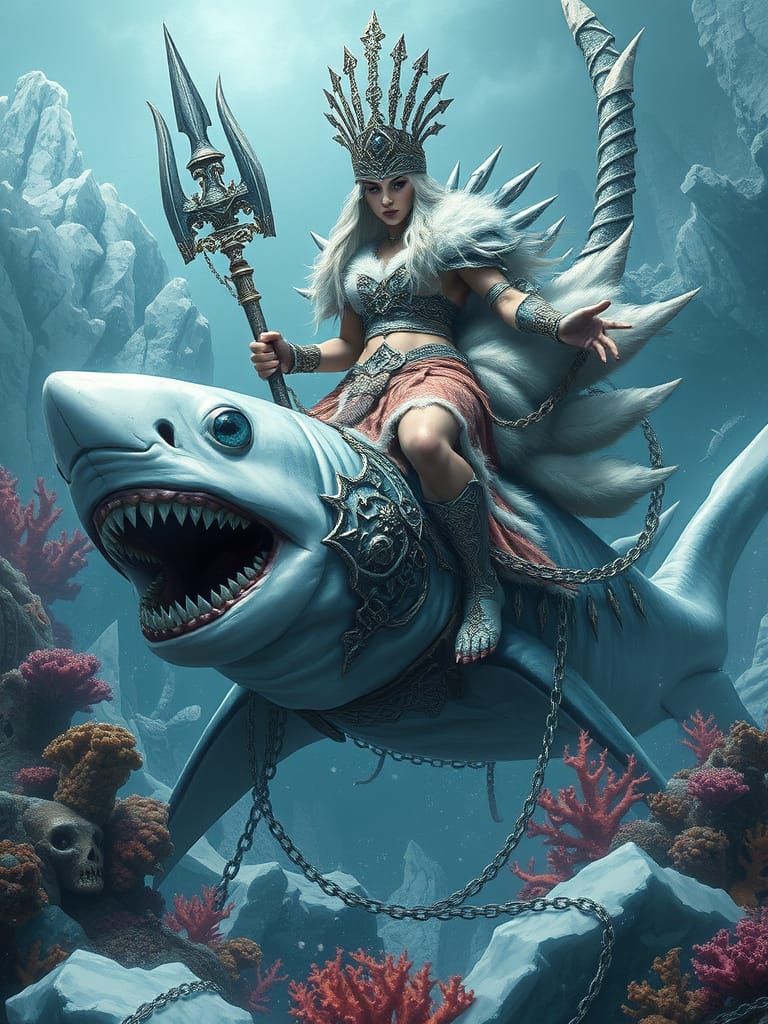 Regal Albino Barbarian Warrior Queen Rides Majestic White Sh...