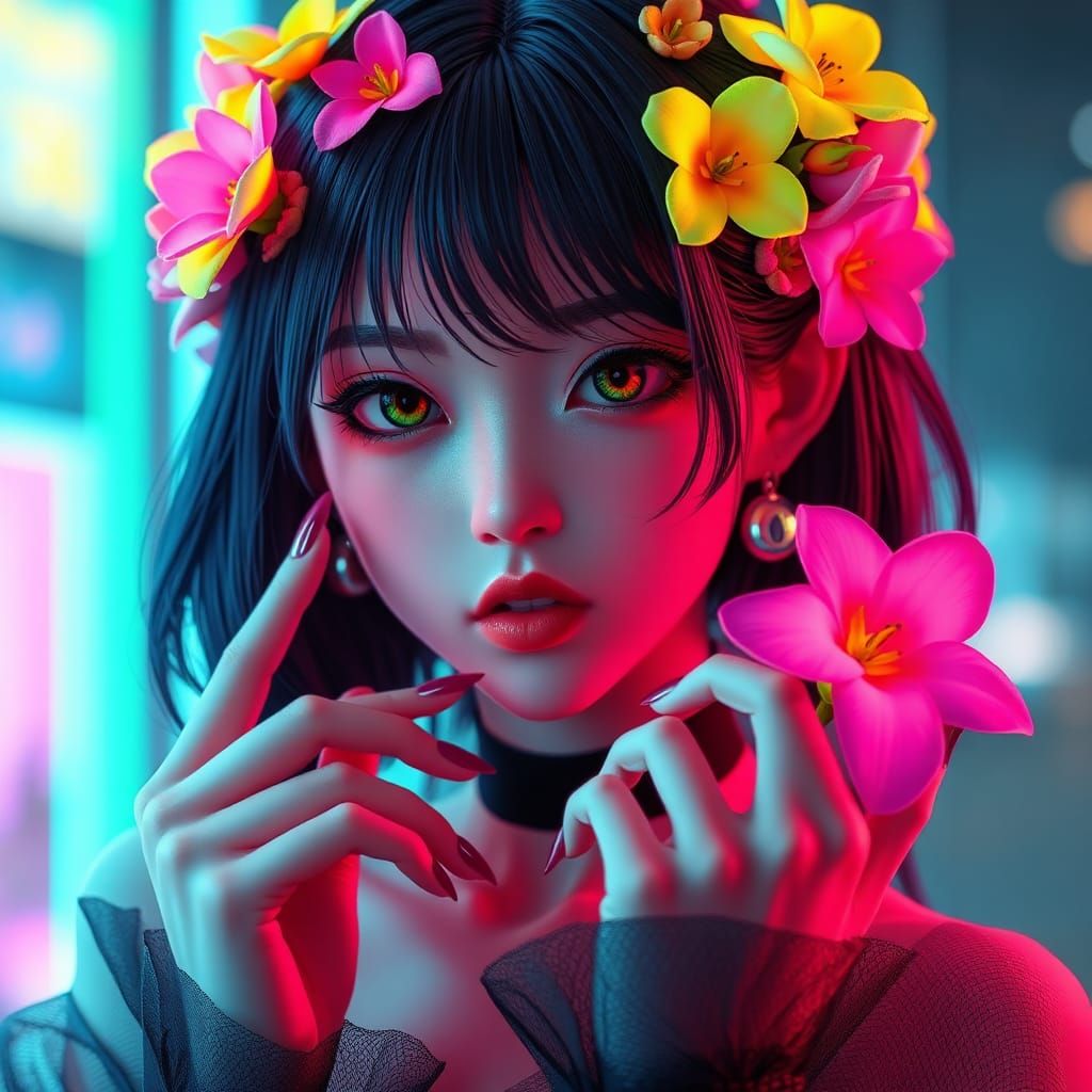 Futuristic Femme Fatale with Fluorescent Flowers