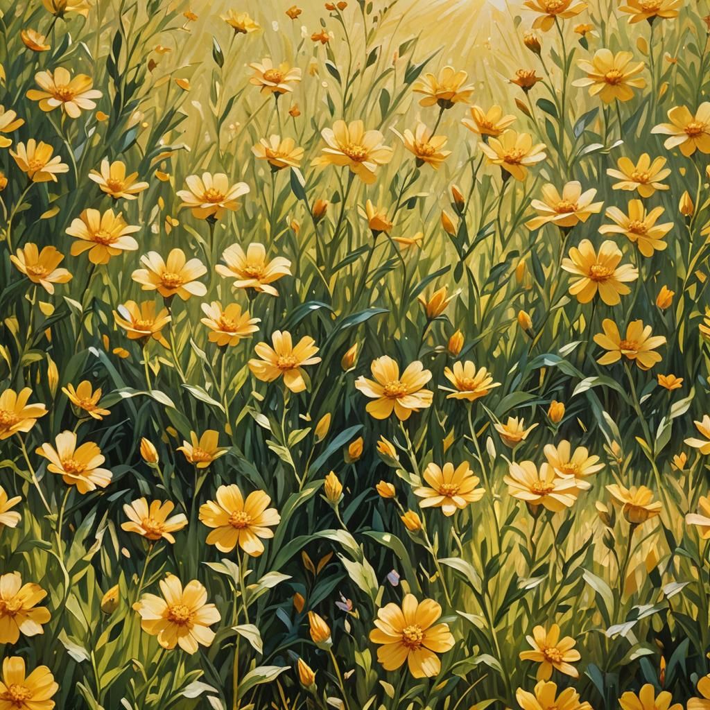 Sunlit Yellow Flowers in Oil Painting Style